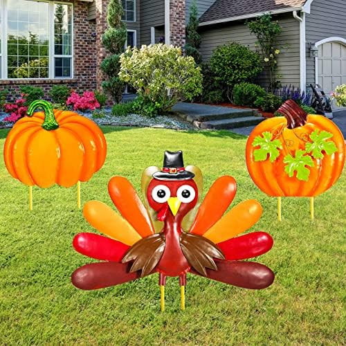 3 Pieces Thanksgiving Turkey Pumpkin Decors 36 Inch Metal Pumpkin Turkey Garden Stakes Fall Harvest  | Amazon (US)