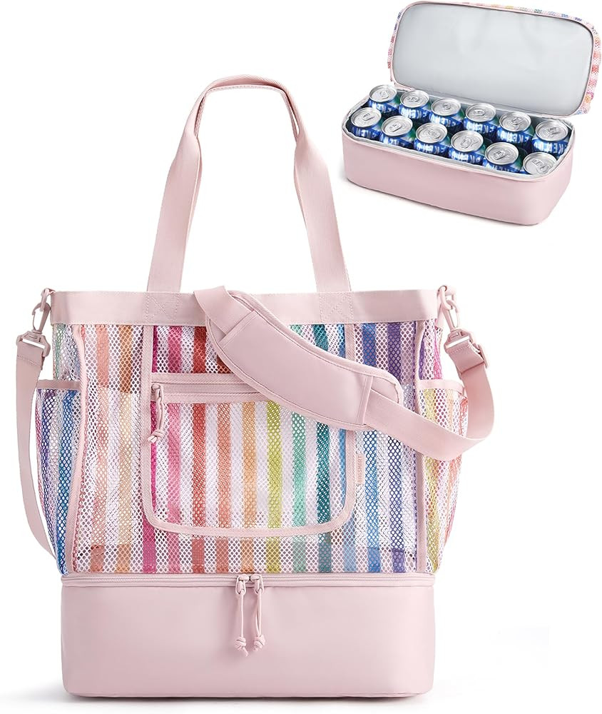 BAGSMART Beach Bag for Women, Mesh Tote Bags with Zipper, Sandproof Vacation Essentials with Cool... | Amazon (US)