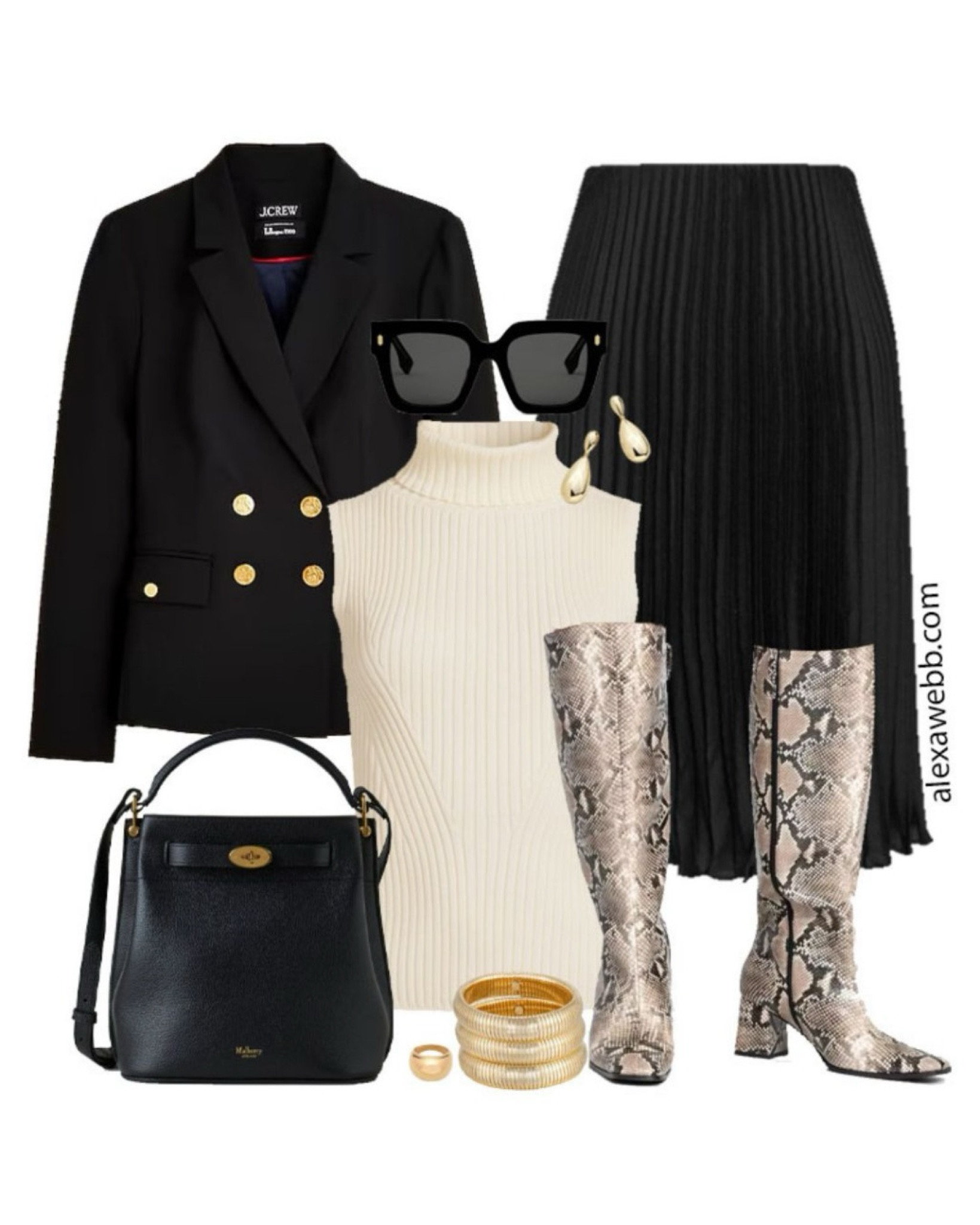 Plus Size Black Blazer Outfits - A plus size outfit idea for fall with a black blazer and black pleated skirt. An ivory sleeveless turtleneck sweater, and snake wide calf boots. This look is great for work or play. Alexa Webb #plussize

#LTKPlusSize #LTKStyleTip #LTKSeasonal