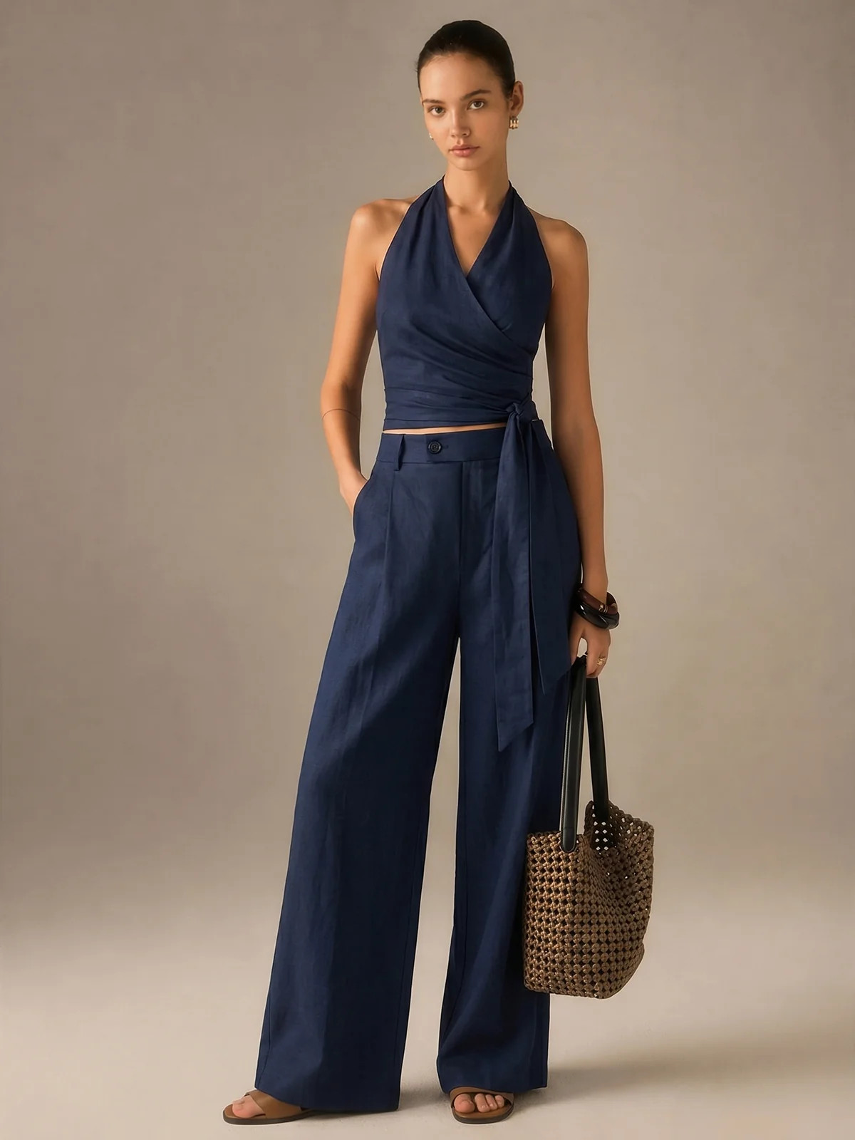 Cotton Linen Halter Wrap Top & Pants Set | Commense