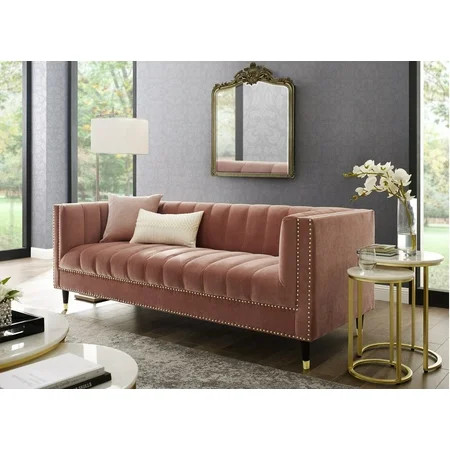 Posh Living NSA102-02BH-UE 85 x 34 x 31 in. Velvet Line Stitch Tufted Sofa Blush & Gold | Walmart (US)