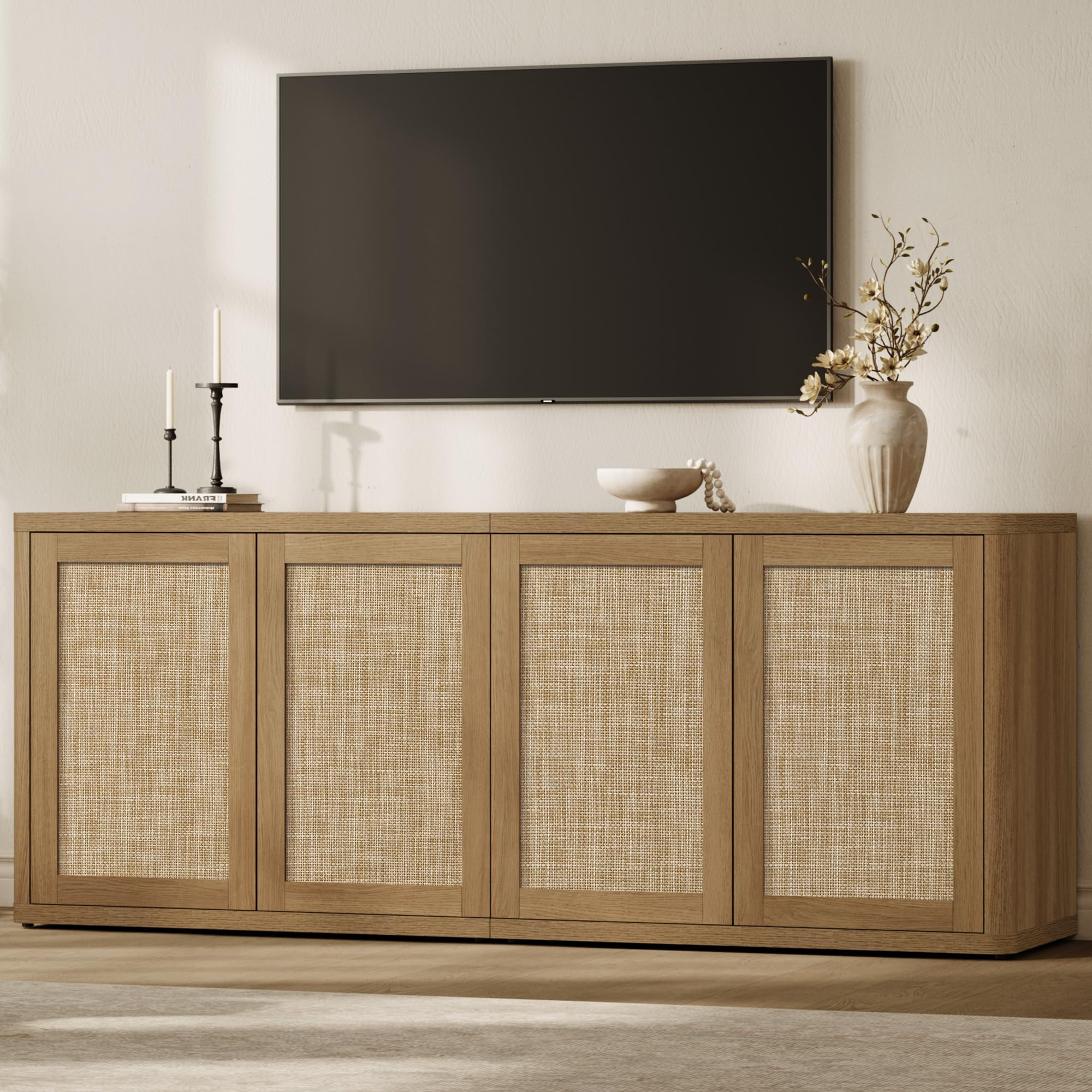 SICOTAS Rattan TV Stand for 65 70 inch TV - Large Entertainment Center TV Consoles for Living Roo... | Amazon (US)