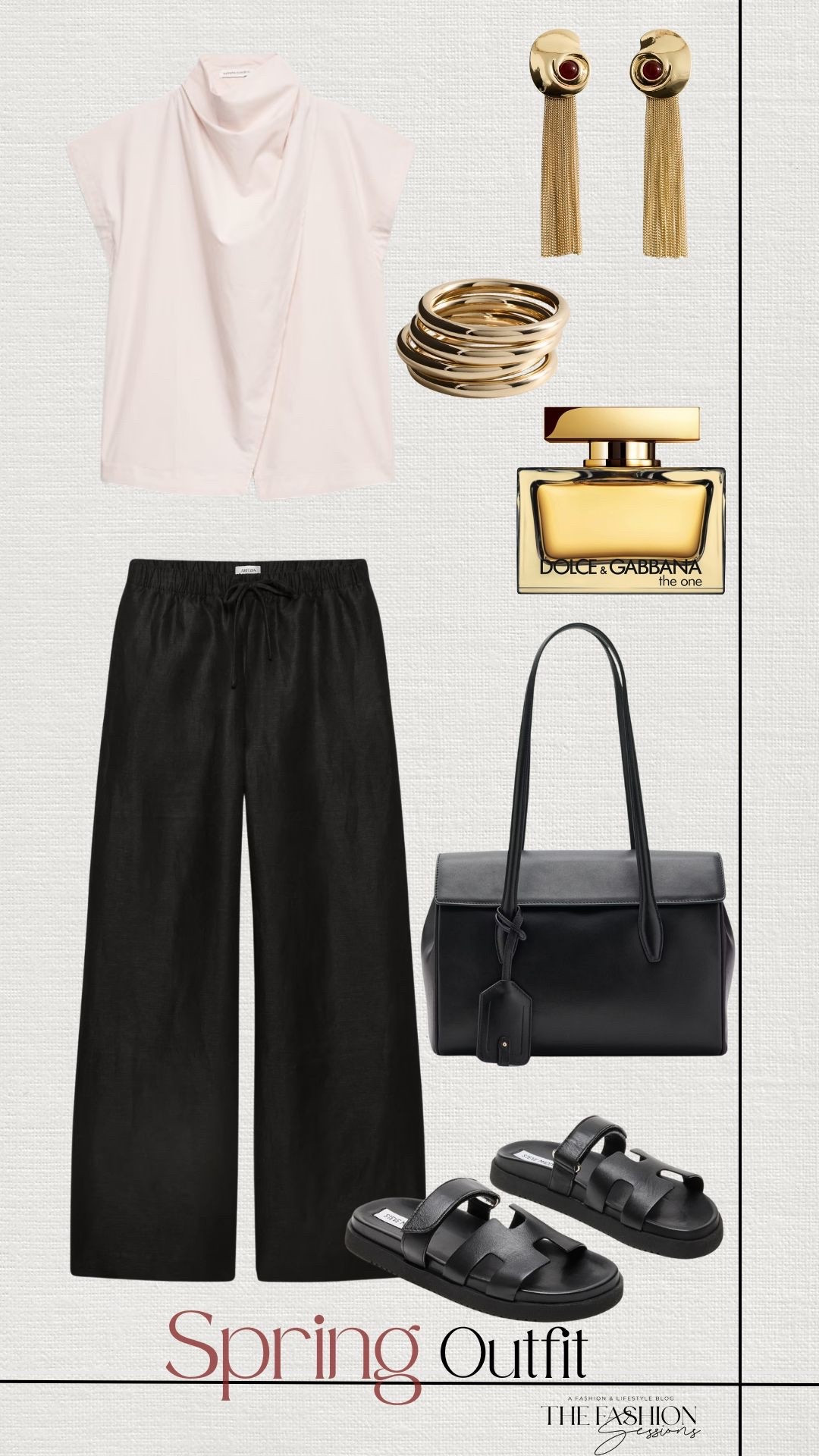 Spring Outfit | High Neck Top | Linen Pants | Black Bag | Black Sandals | Gold Jewelry 

#LTKSeasonal #LTKootd