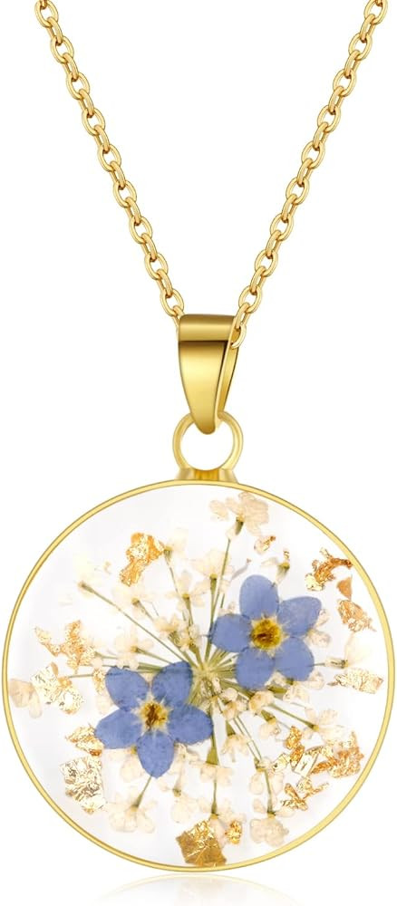 Forget-Me-Not and Queen Anne's Lace Pressed Wildflower Necklace | Birth Month Real Flower Necklac... | Amazon (US)
