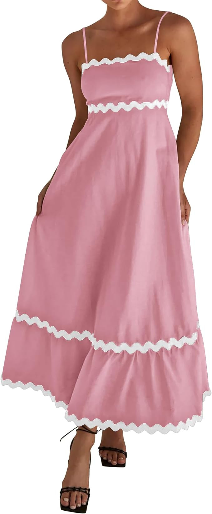 dowerme Women Summer Dresses 2024 Spaghetti Straps Sleeveless Smocked Rickrack Trim Boho Flowy Lo... | Amazon (US)