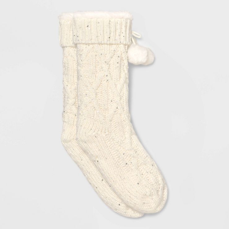 Women's Sequin Cable Faux Shearling Lined Slipper Socks with Faux Fur Poms & Grippers - 4-10 | Target