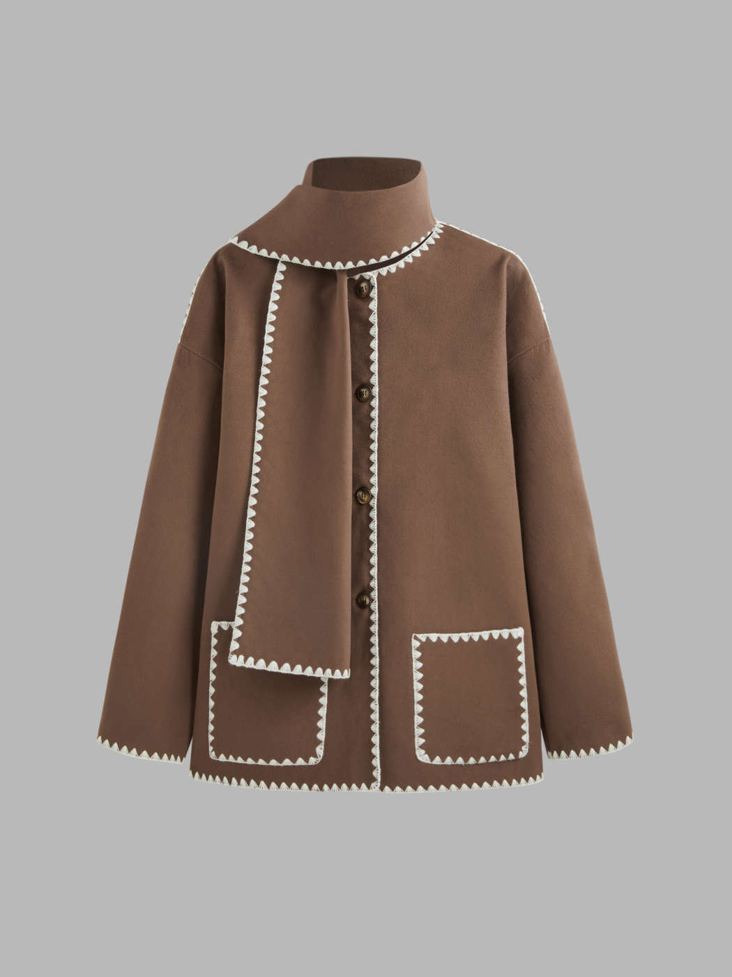 Tweed Round Neck Solid Pocket Jacket With Scarf | Cider