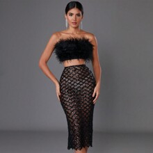 New Stylish Sexy Faux Pearl Beaded Slit Strapless SeeThrough Hem pcs Party Dress Set | SHEIN