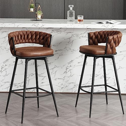 BFZ Modern Bar Stools Set of 2, 30" Bar Height Barstools, 180° Swivel Suede Fabric Stool Chairs with Woven Back and Footrest for Kitchen Island, Cafe, Pub, Bar Counter | Amazon (US)