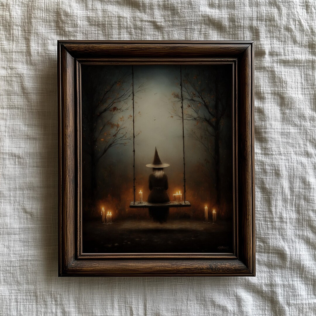 Moody Witch on Swing With Candles Painting, Dark Moody Witch Portrait Art, Witch Autumn Halloween... | Etsy (US)