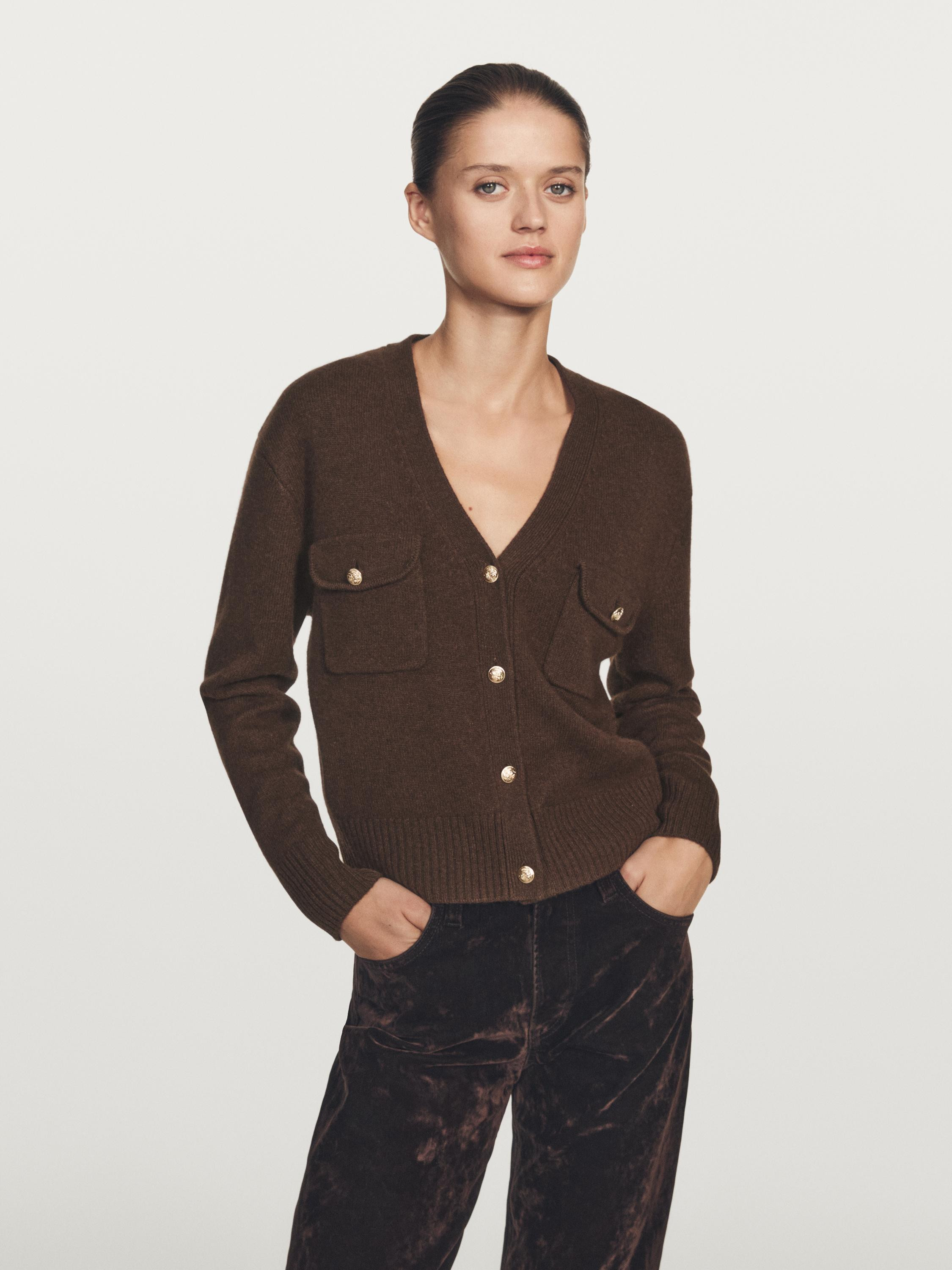 V-neck knit cardigan with gold buttons | Massimo Dutti UK