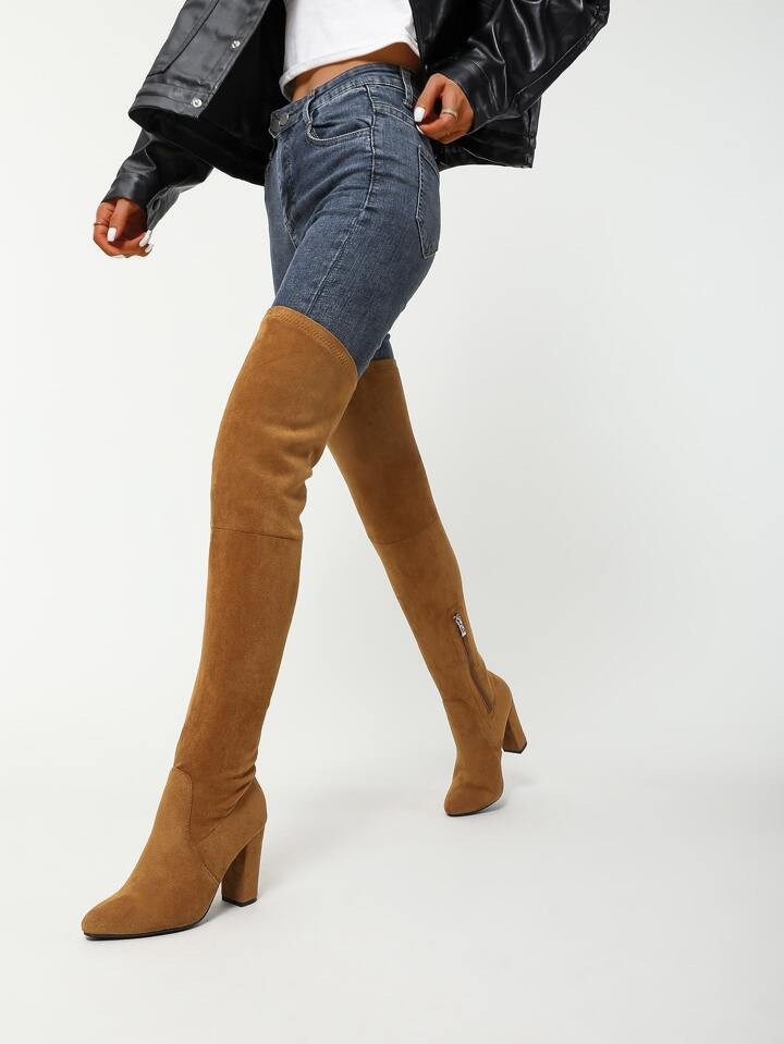 Faux Suede Zip Side Chunky Heeled Sock Boots | SHEIN