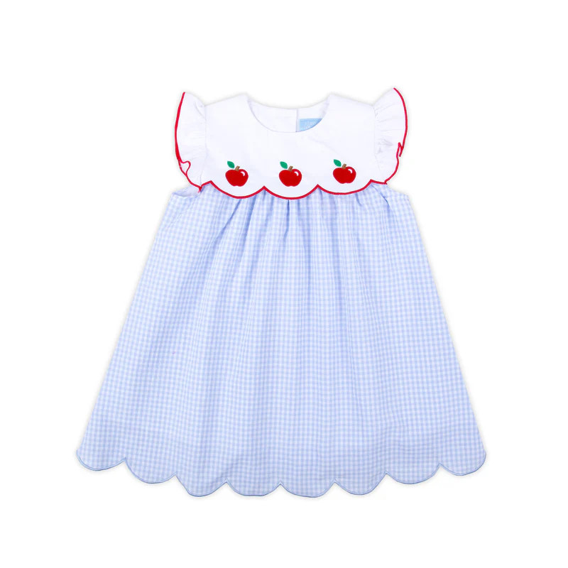 Apple Scalloped Light Blue Gingham Amelia Dress | Classic Whimsy