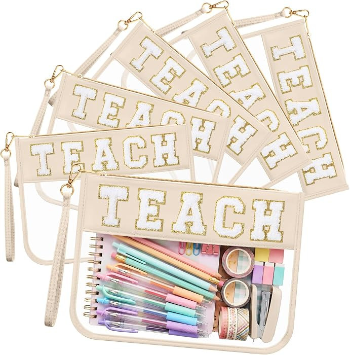 Kacctyen 6 Pcs Teach Bags Chenille Letter Clear Makeup Bag with Zipper | Amazon (US)