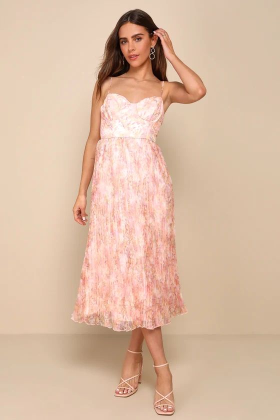 Finest Endeavor Blush Pink Floral Pleated Bustier Midi Dress | Lulus