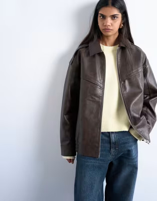 Topshop faux leather vintage wash seam detail zip thru oversized bomber jacket in washed brown | ASOS (Global)