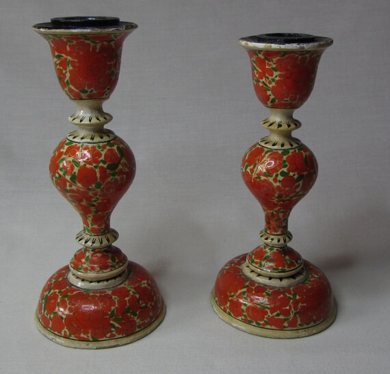 Hand Painted Lacquered Kashmir Candle Sticks | Etsy | Etsy (UK)