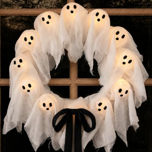 Halloween Decorations Outdoor - 22" Cute Lit Ghost Wreath | Amazon (US)