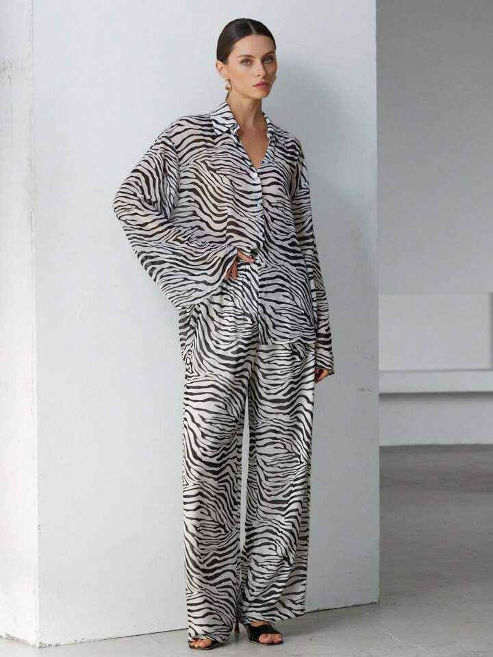 Aveloria Modichic Women's Elegant Commuter Zebra Print Chiffon Loose Long Sleeve Shirt And Super ... | SHEIN