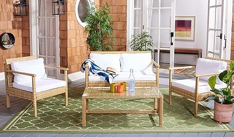 Safavieh Outdoor Collection Garnen Wicker Cushion 4-Piece Living Set PAT7714D, Natural/White | Amazon (US)