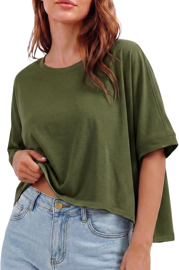 Womens Oversized T Shirts Summer Loose Short Sleeve Crop Tops 2026 Dressy Casual Fashion Clothes | Amazon (US)