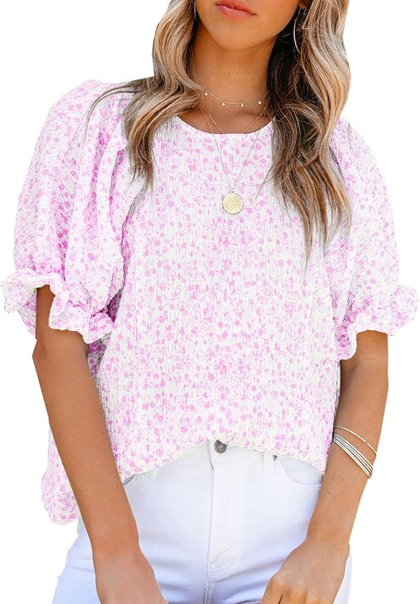 Dokotoo Floral Print Blouses for Women Crewneck Smocked Puff Sleeve Shirts Casual Babydoll Tops | Amazon (US)