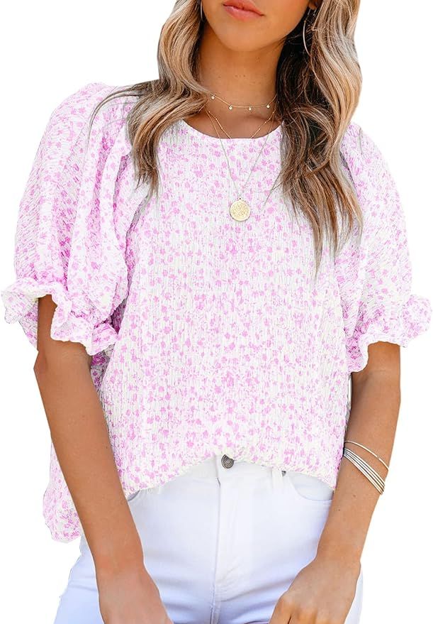 Dokotoo Floral Print Blouses for Women Crewneck Smocked Puff Sleeve Shirts Casual Babydoll Tops | Amazon (US)