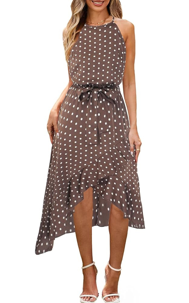ECOWISH Polka Dot Women Summer Dress Midi A Line Flowy High Low Sleeveless Boho Floral Halterneck... | Amazon (US)