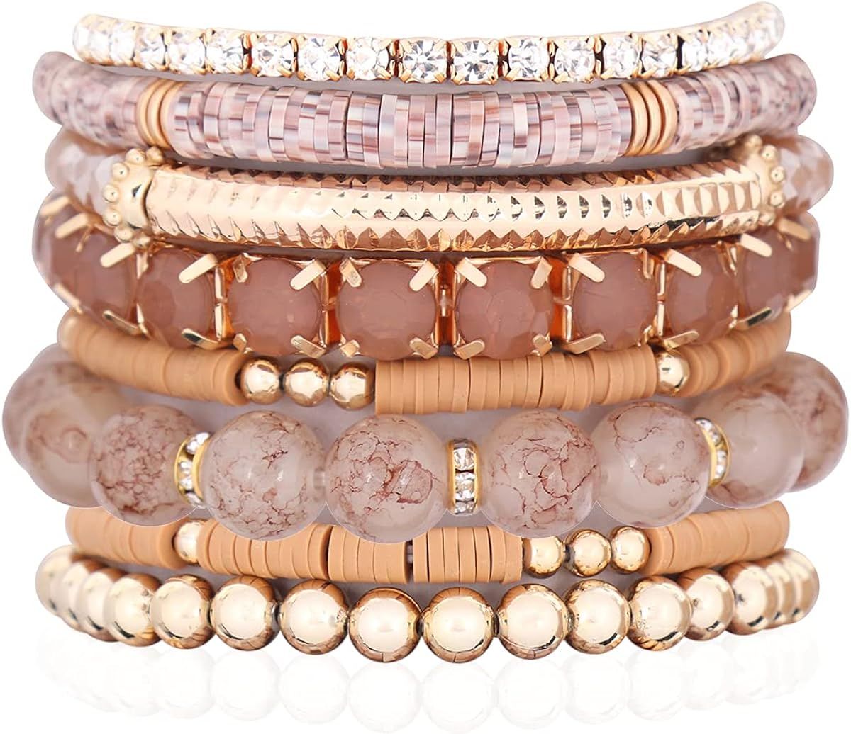 Multi Color Stretch Beaded Stackable Bracelets - Layering Bead Strand Statement Bangles | Amazon (US)