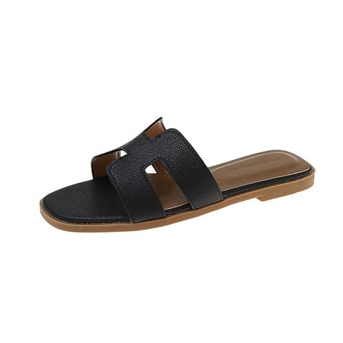 Hhhchpm Womens Sandals H-Band Slides Flat Sandals for Women Summer Sandals (5.5,black) | Amazon (US)