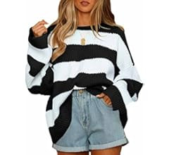 ZESICA Women's 2023 Fall Long Sleeve Crew Neck Striped Color Block Comfy Loose Oversized Knitted ... | Amazon (US)