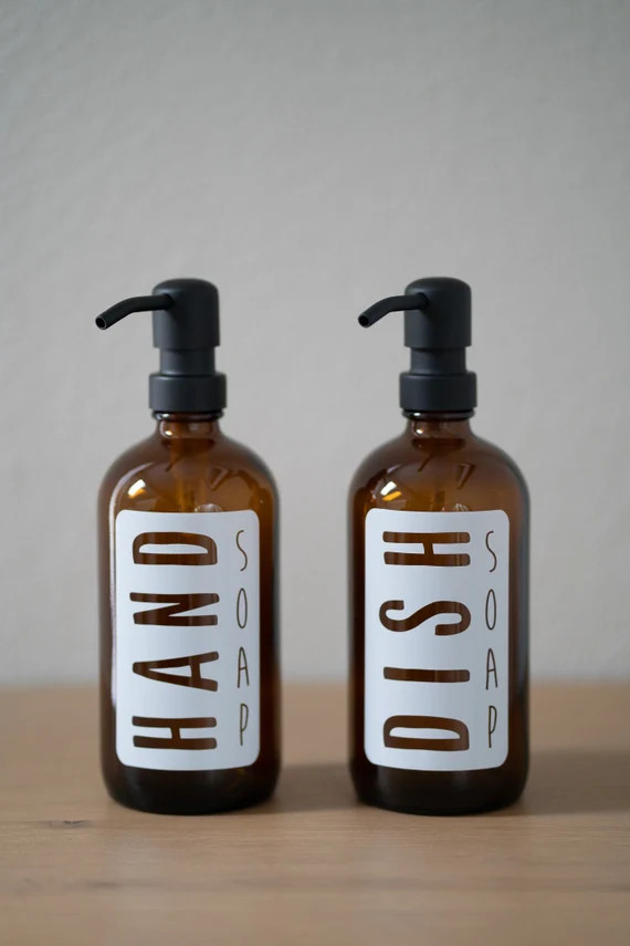 Amber Glass Classic White Hand Soap, Dish Soap Dispenser | Minimalist Soap Bottle | Etsy (US)