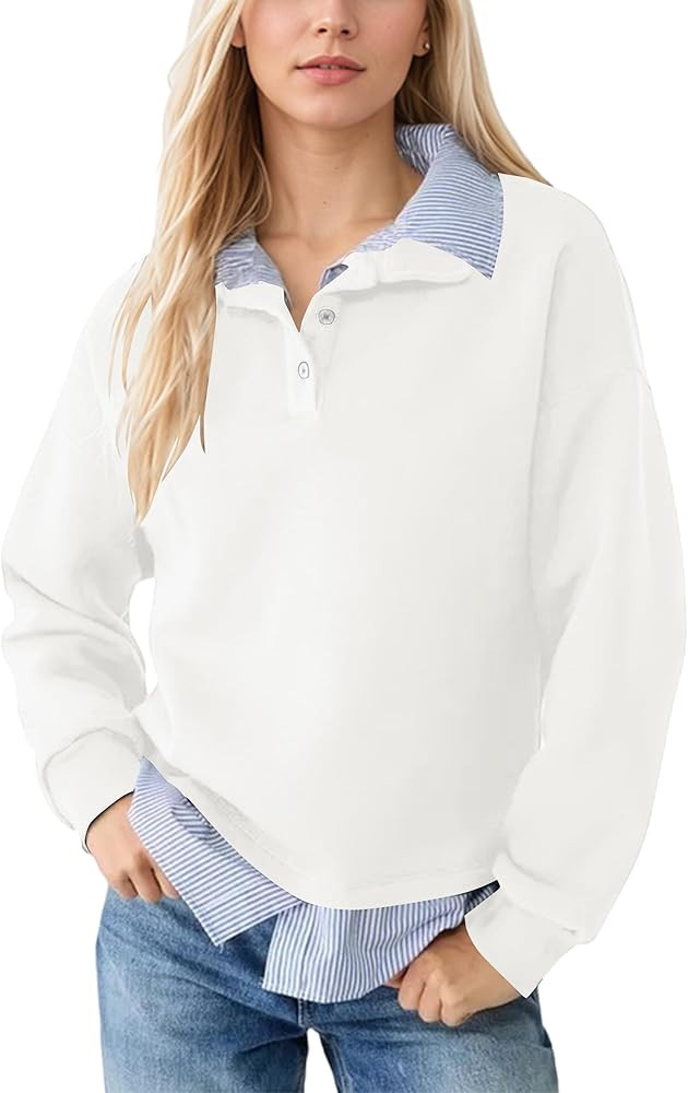 Womens Long Sleeve Polo Shirt 2 in 1 Button Down Collared Patchwork Pullover Top Casual Loose Con... | Amazon (US)
