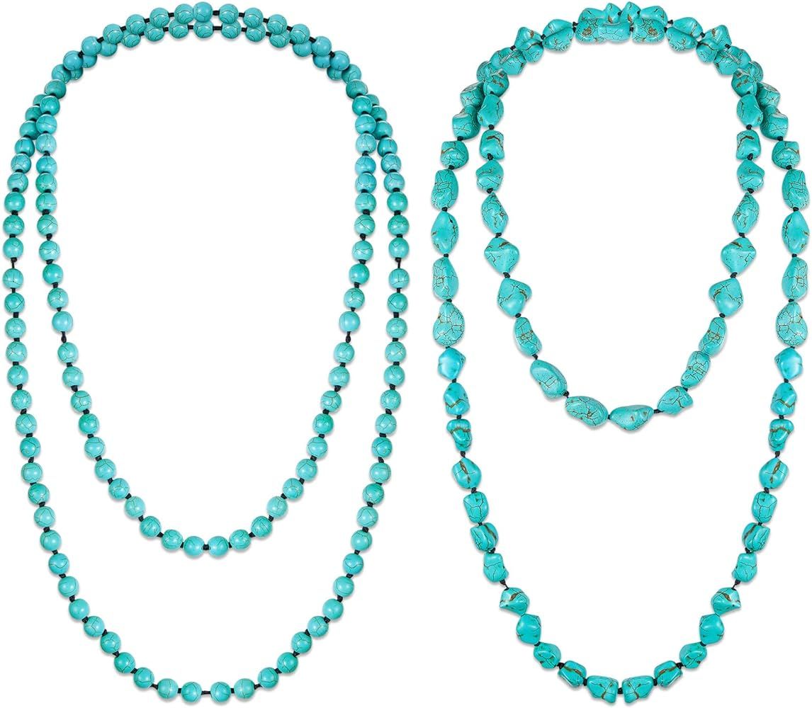 Henoyso 2 Pcs Turquoise Beads Necklace 47.5 Inch Long Endless Necklace Multi Strand Layer Necklac... | Amazon (US)