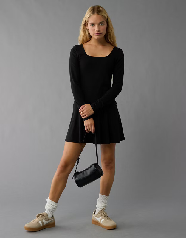 AE Knit Square Neck Drop Waist Mini Dress | American Eagle Outfitters (US & CA)