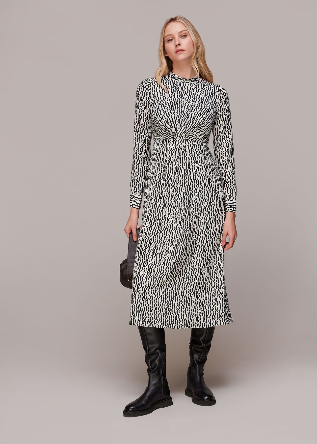 Ivory/Multi Wiggle Print Silk Midi Dress | WHISTLES | | Whistles