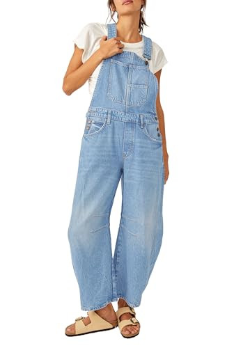 PLNOTME Womens Denim Bib Overalls Barrel Leg Adjustable Strap Jean Pants Jumpsuits with Pockets | Amazon (US)