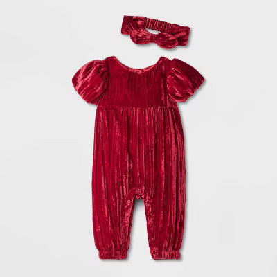 Baby Girls' Crinkle Velour Romper - Cat & Jack™ Dark Red 0-3M | Target