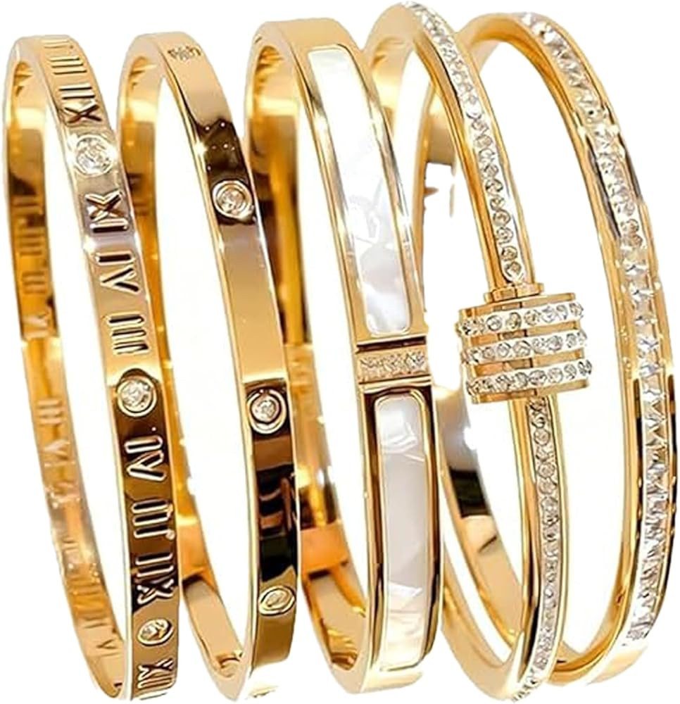 5-Piece Elegant Stainless Steel Bracelet Set, Fashionable Classic Design, Non Tarnish Bangle, Ele... | Amazon (US)