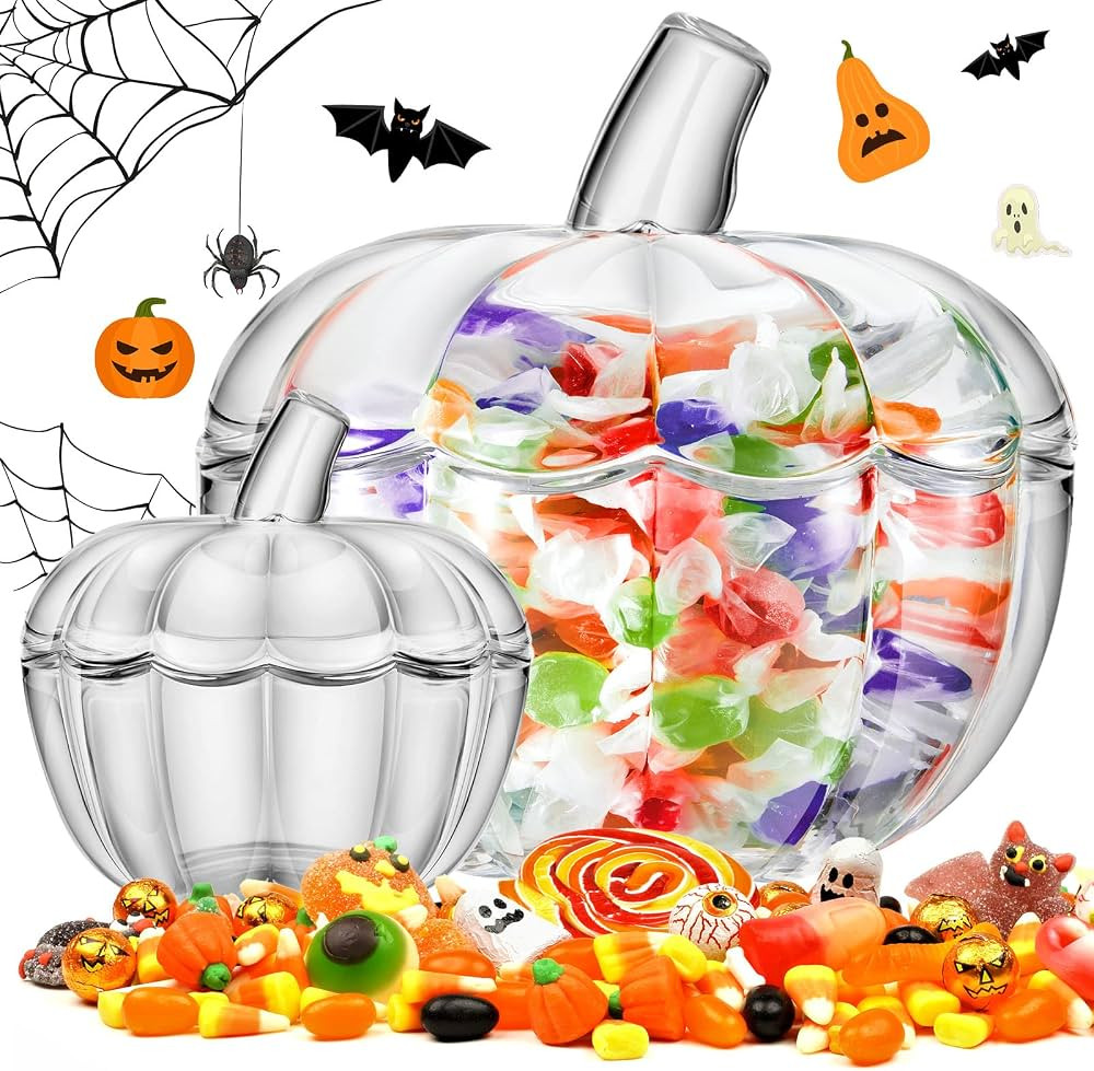 Tessco 2 Pcs Glass Pumpkin Candy Jar with Lid Halloween Pumpkin Jars Candy Bowl for Halloween Hom... | Amazon (US)
