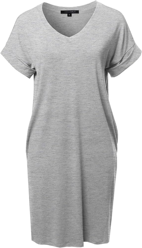 Women's Solid Short Sleeve Stretchy Loose fit V-Neck Tunic Dress | Amazon (US)