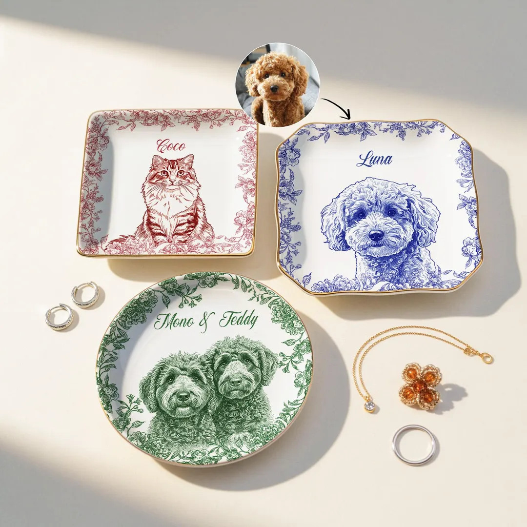 Custom Pet Portrait Jewelry Dish: Toile De Jouy Ceramic Trinket Dish - Etsy | Etsy (US)