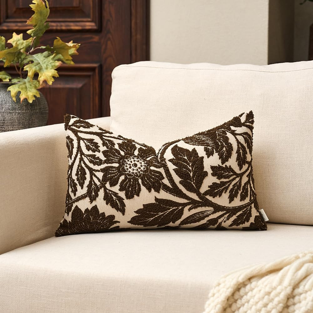 Yangest Chenille Floral Pillow Cover 12 x 20 Inches, Neutral Jacquard Rectangle Throw Pillow Cove... | Amazon (US)