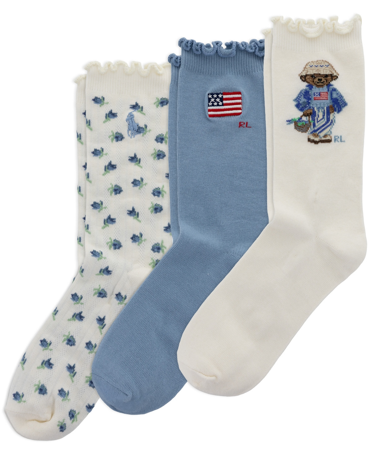 Polo Ralph Lauren Girls' 4-11 Blueberry Bear Socks, 3-Pack - Ivory/Blue | Macy's