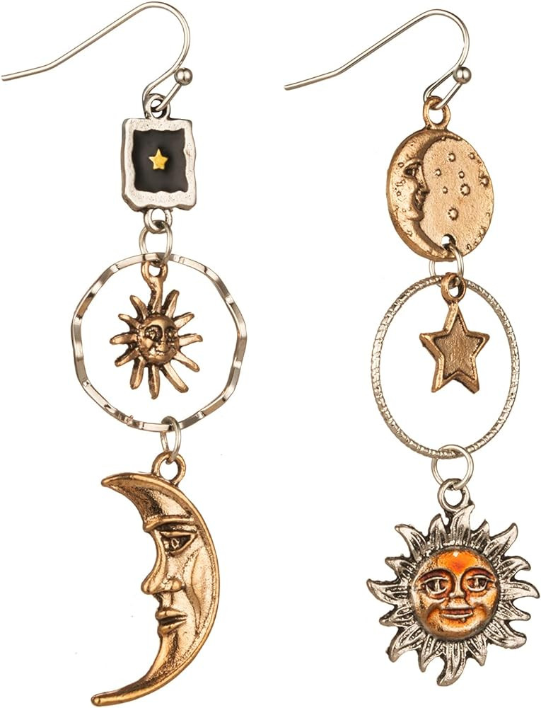 Vintage Sun Moon Star Dangle Earrings for Women, Greek Mythology Asymmetric Drop Earrings (Gold) | Amazon (US)
