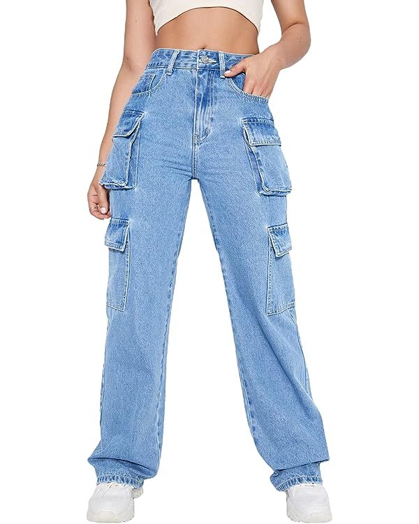 MakeMeChic Women's High Waist Cargo Jeans Flap Pocket Straight Leg Denim Pants | Amazon (US)