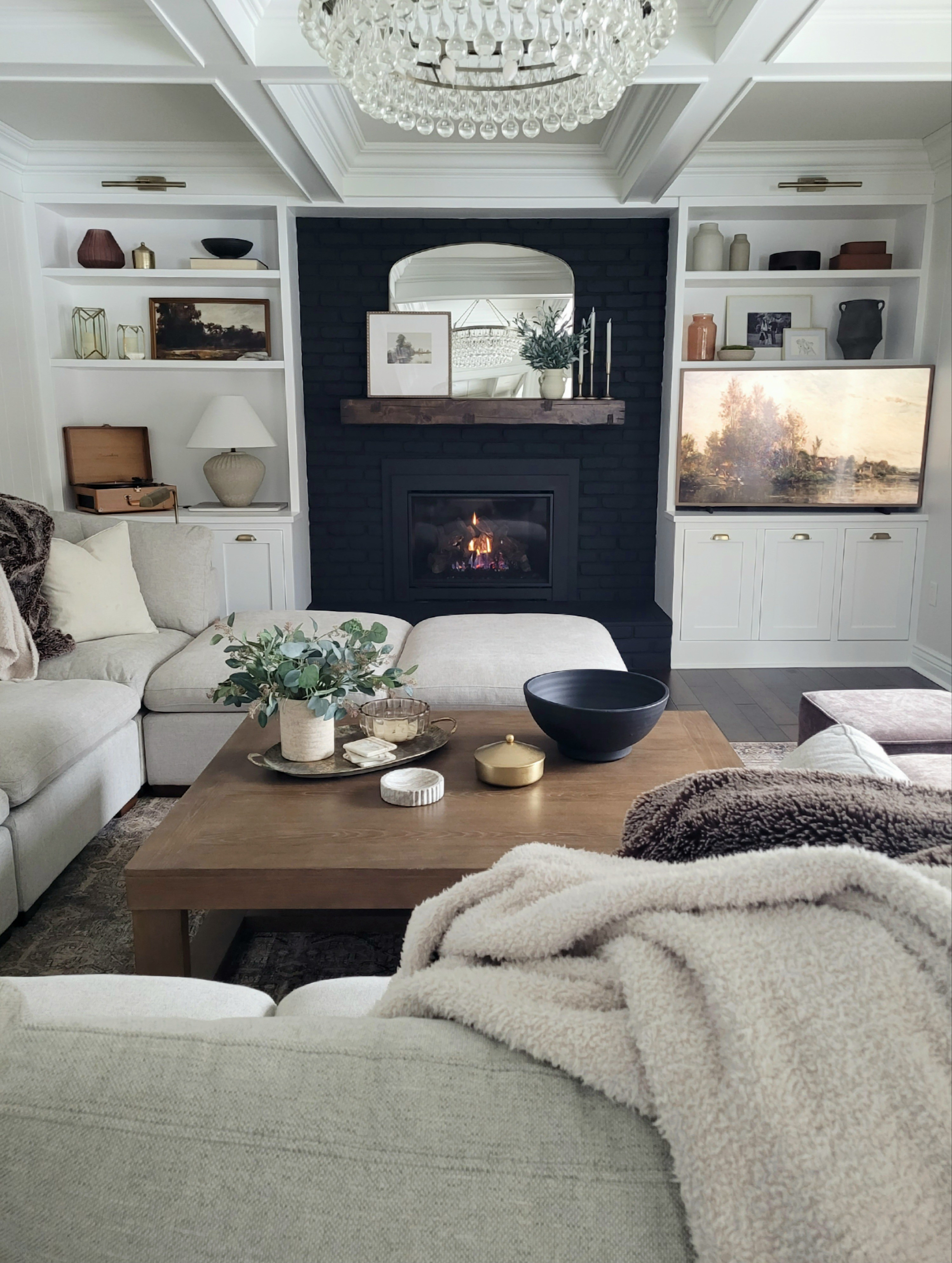 Living room family room built in shelf styling and fireplace decor and mantle decor. Lots of Target home and Amazon finds,  plus the perfect oversized coffee table to pair with your sectional sofa!

#LTKHome #LTKStyleTip