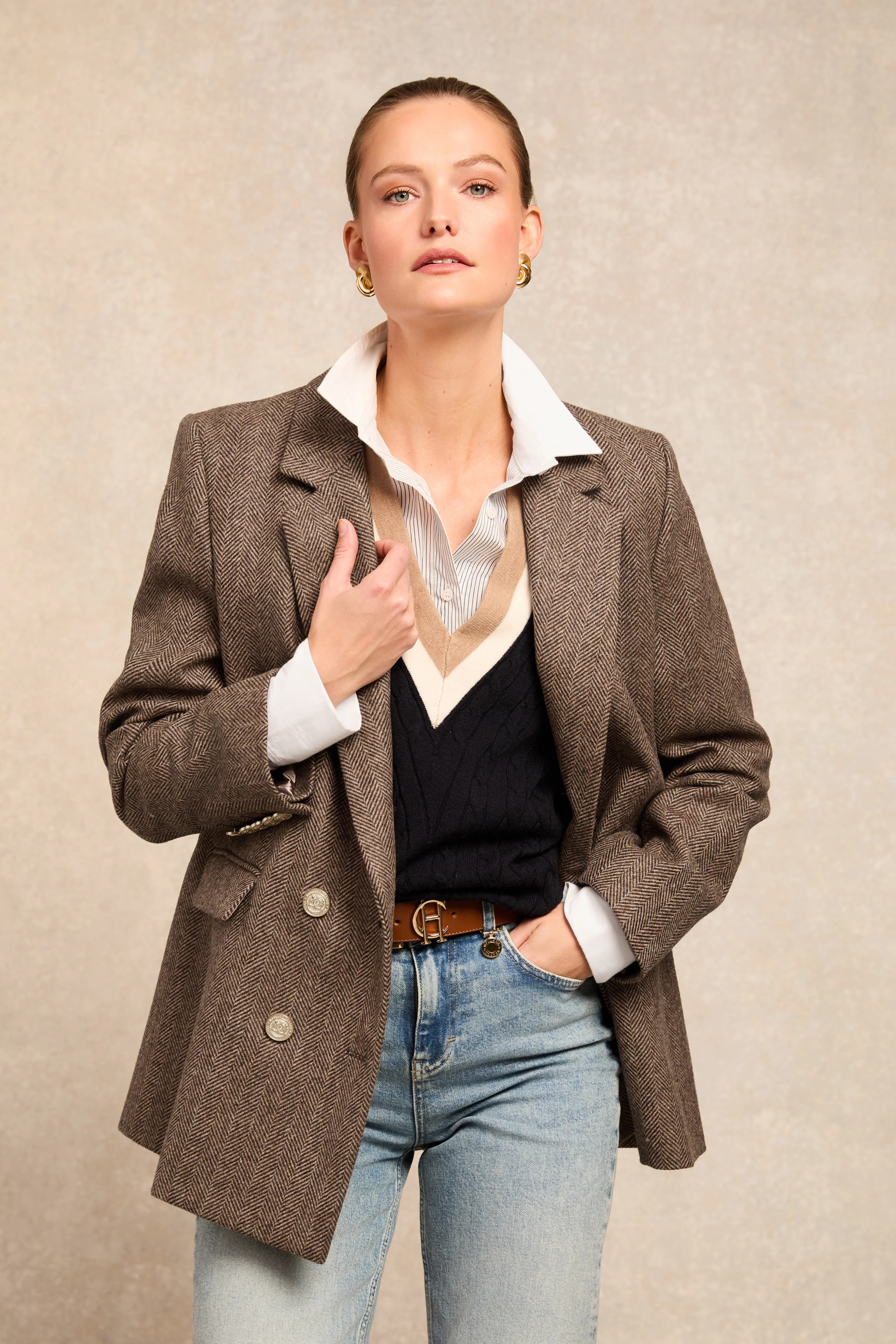 Double Breasted Blazer (Large Scale Brown Herringbone) | Holland Cooper