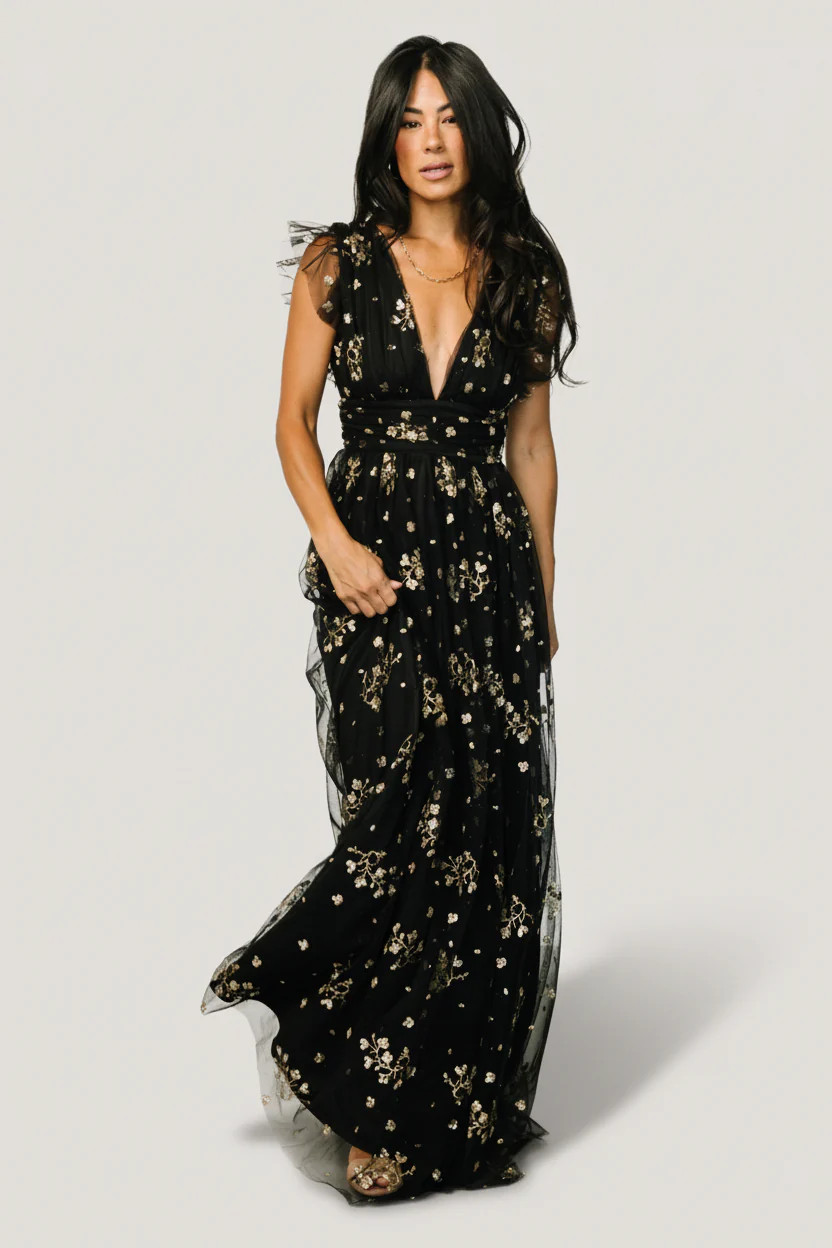 Natalia Floral Embellished Maxi Dress | Black + Gold | Baltic Born
