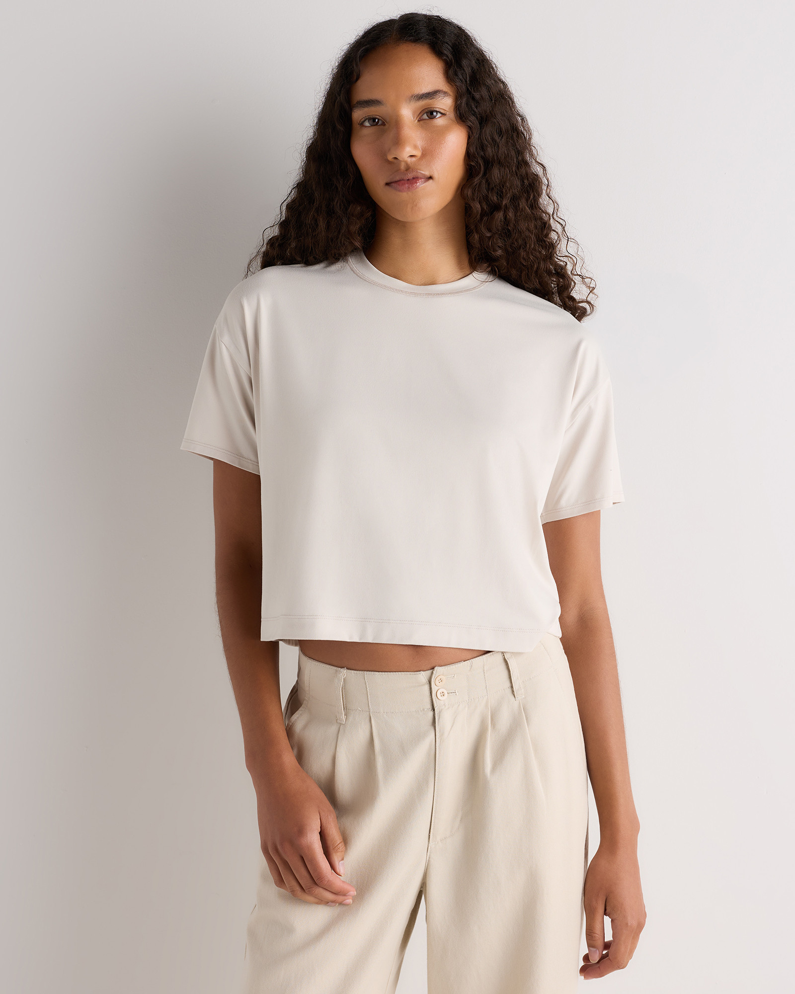 Quince | Women's Flowknit Breeze Boxy Cropped T-Shirt in Heather Green, Size XL, Recycled Polyester | Quince